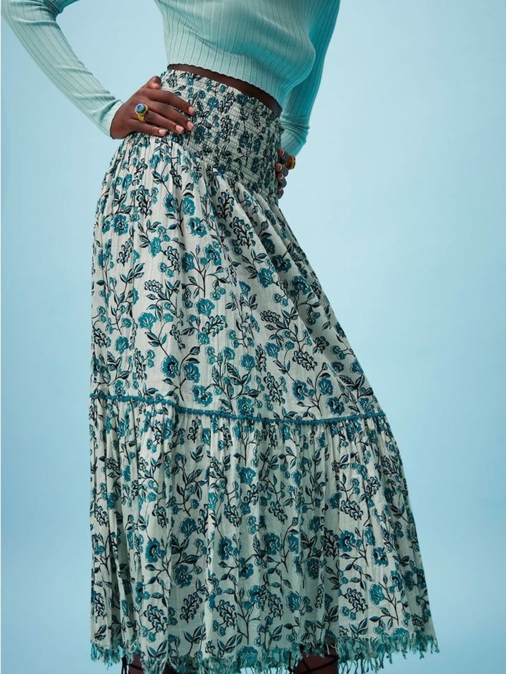 Zara Teal Floral Smocked Tiered Maxi Skirt